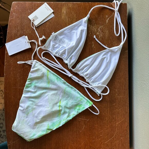 GOOD AMERICAN Tiny Ties Bikini Set | Green & White Marble | 5 top 3 bottom - Picture 3 of 8